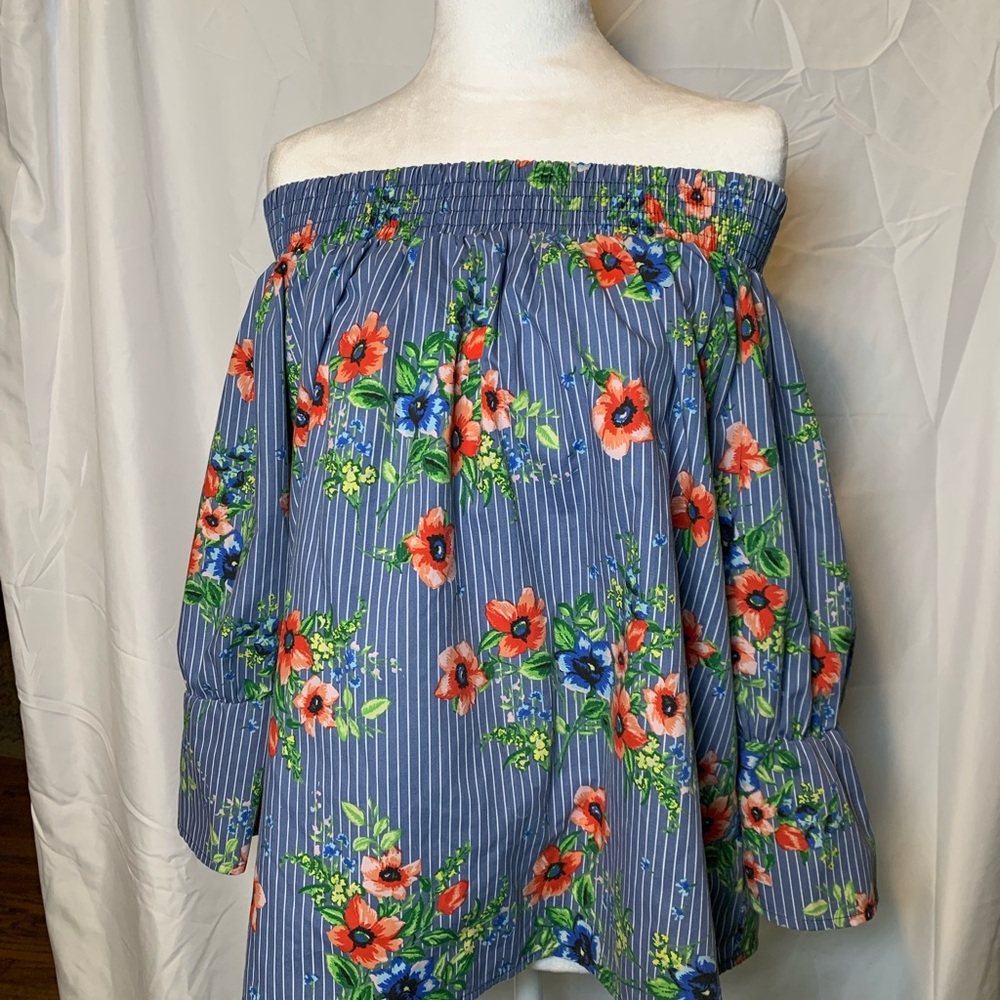 Ripe Brand Blouse Women’s Size L Off Shoulder Striped Flowers Bow In Back   W137